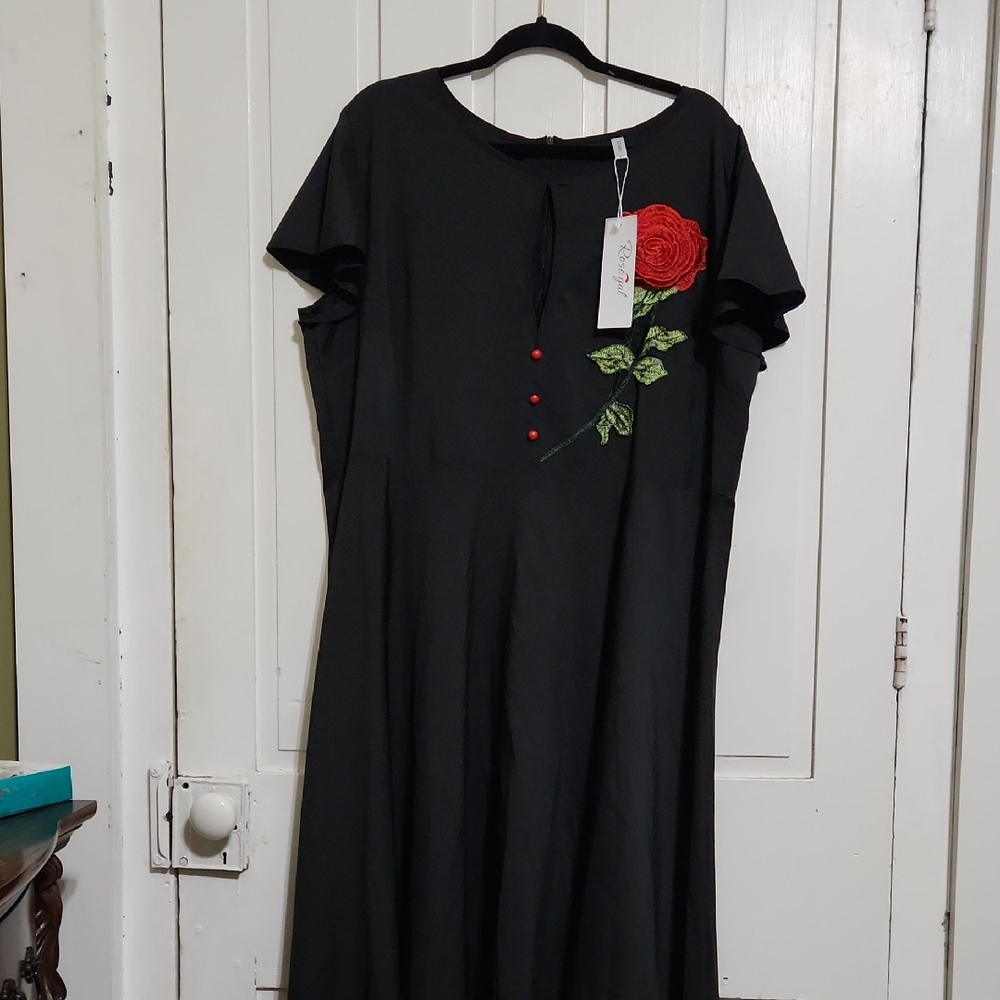 Rosegal Black Midi Dress with Red Floral Detail